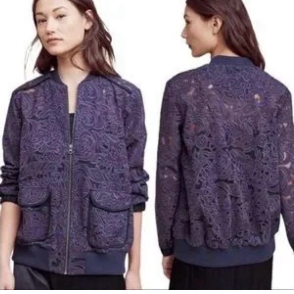 Anthropologie Elevenses navy lace bomber.  Worn once.